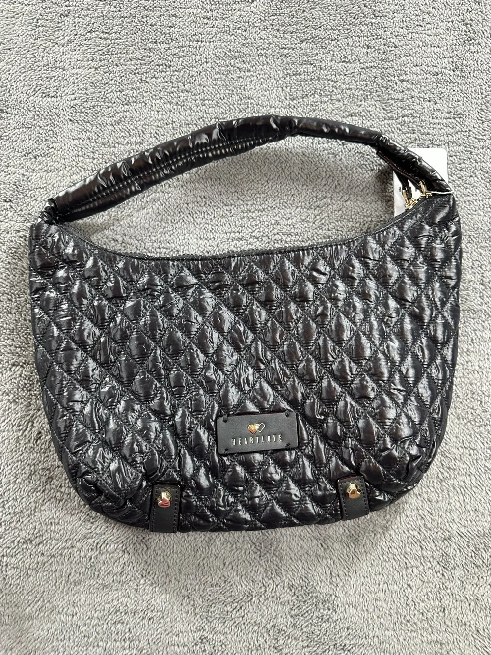 Heart Love by Charo Black Quilted Shoulder Hobo Bag New